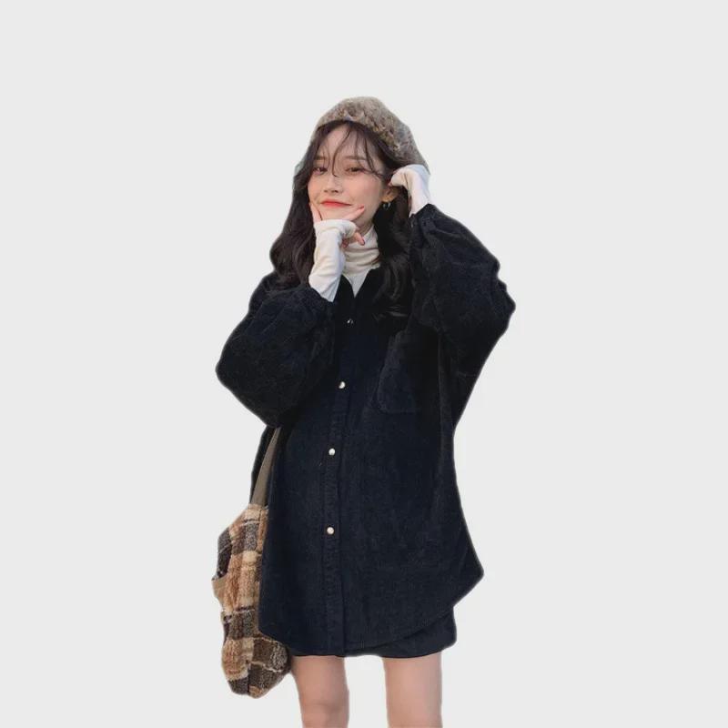 Women's Loose Corduroy Jacket - Korean Style, Versatile for Spring & Autumn, Medium To Long Length, 2022 Trend for Petite Sizes