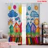 2D Flat Printing 2pcs Back To School Party Theme Curtain Includes Colored Crayons_ Pencils_ Fun School Patterns and Happy Clouds
