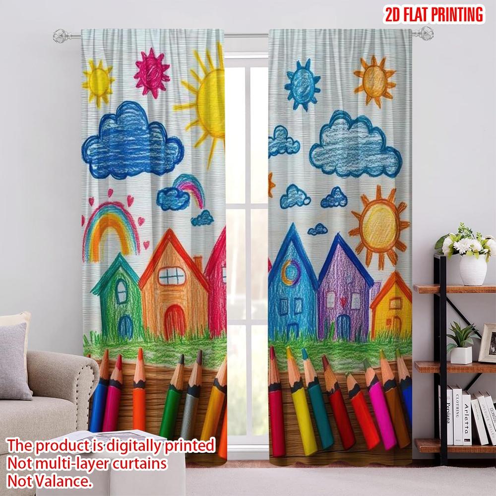 2D flat printing 2pcs Back to School Party Theme Curtain Includes colored crayons_ pencils_ fun school patterns and happy clouds