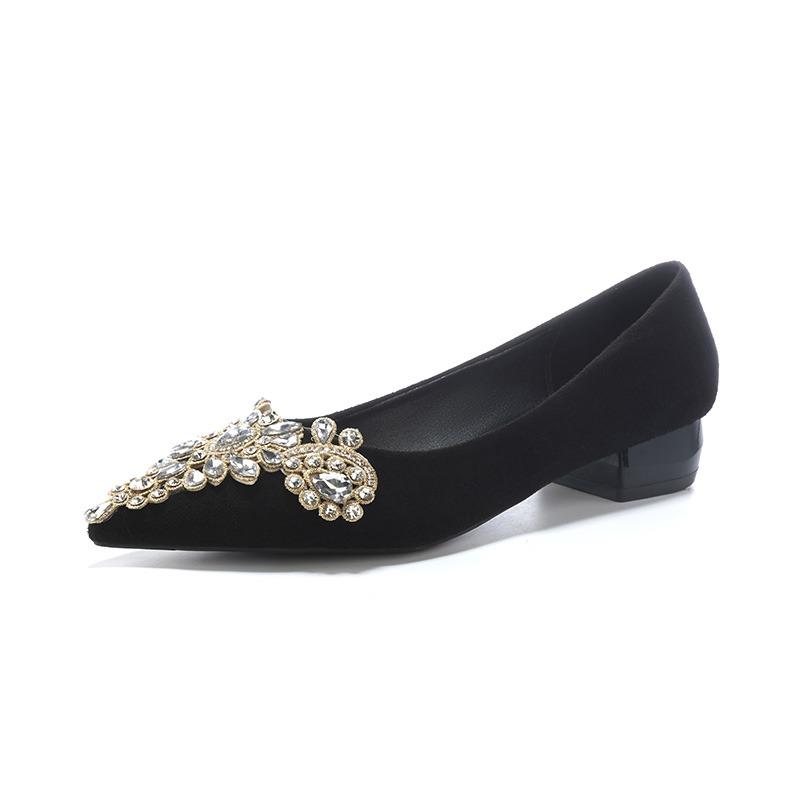Fashion Fashion Low Heel Shoes Women's Pointed Shallow Mouth Crystal Buckle Soft Sole Anti-slip Wear-resistant Low Heel Shoes