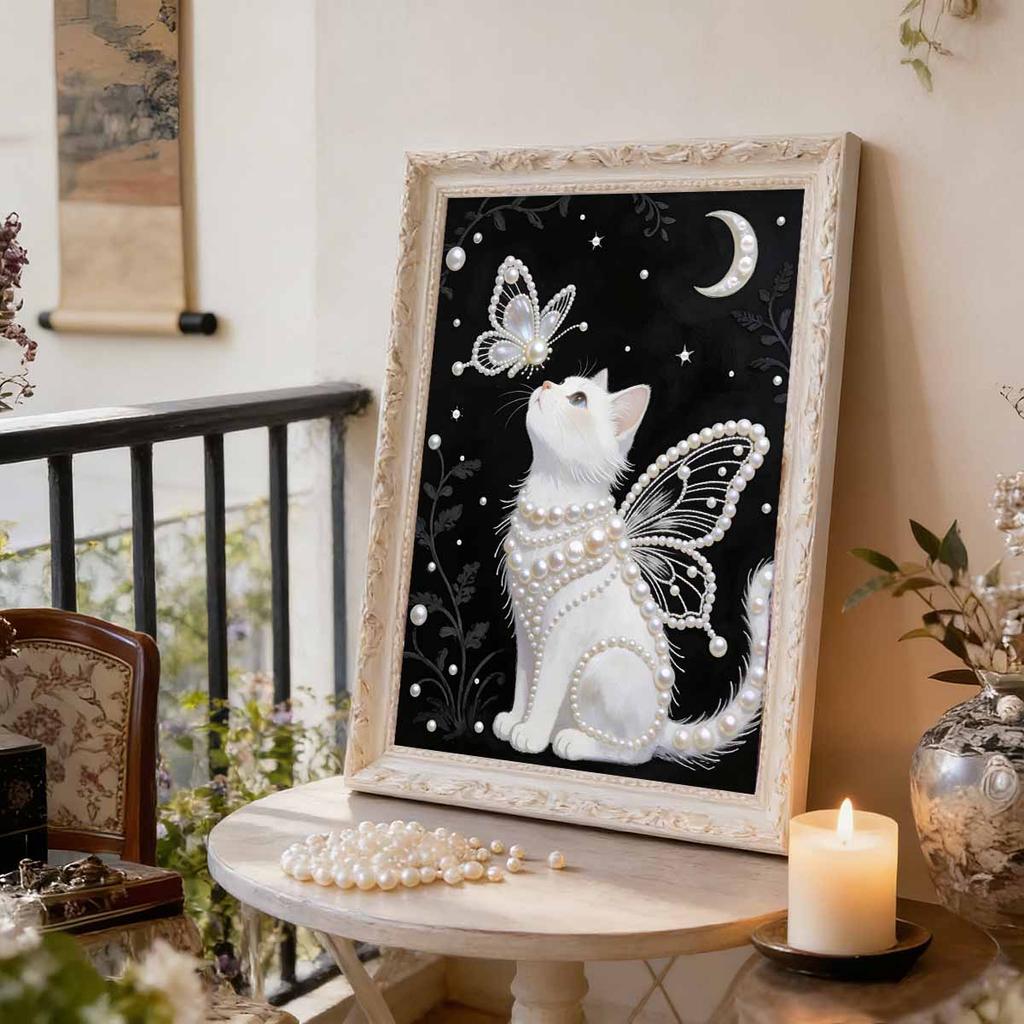 DIY White Cat Pearl Art Painting for Adults/Beginners Gift Home Decor Pearl Gem Paintings Picture Arts Craft 30x40cm Without Frame