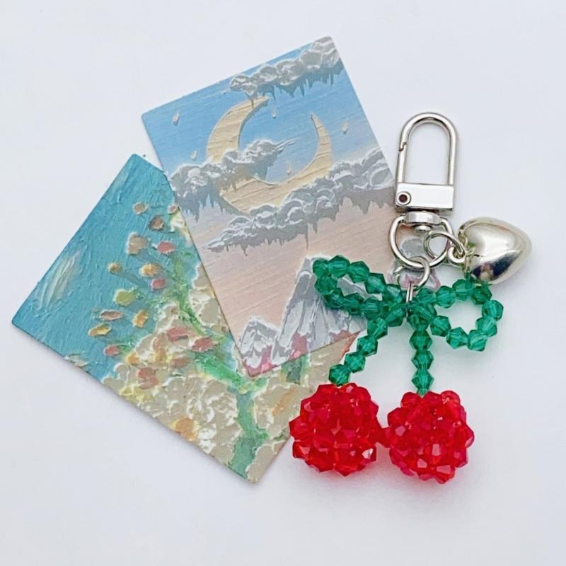 Kirsch Perlen Schlüsselanhänger Rosa Herz 7,5cm Niedliches Handgemachtes Kristallperlen Accessoire für Damen und Teenager Taschenanhänger