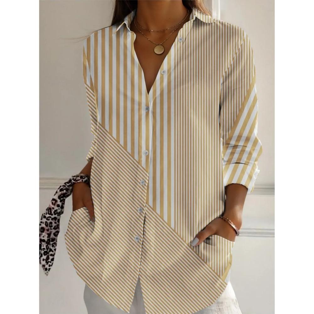 2025 Fashion Spring Autumn Women's Shirts Striped Graphics Blouse Lapel Neck Blouse Women's Long Sleeve Shirts Womens Clothing