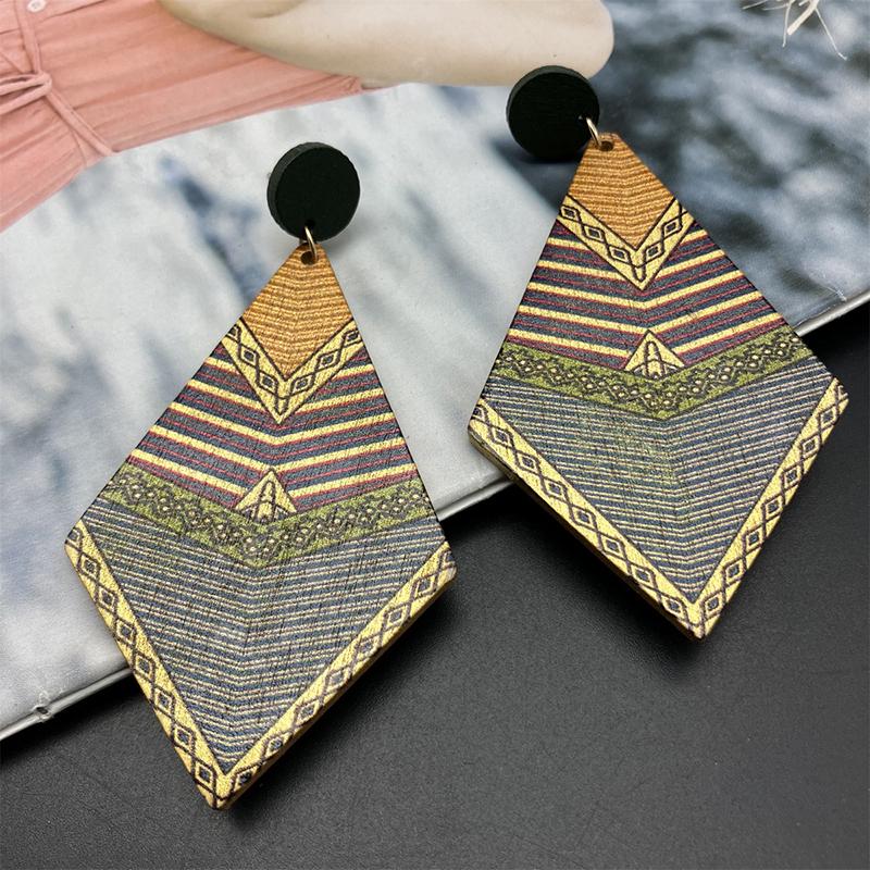 Vintage Line Polka Dot Pattern Geometric Wooden Earrings for Women Unique Design Printed Elegant Dangle Earring Female Jewelry