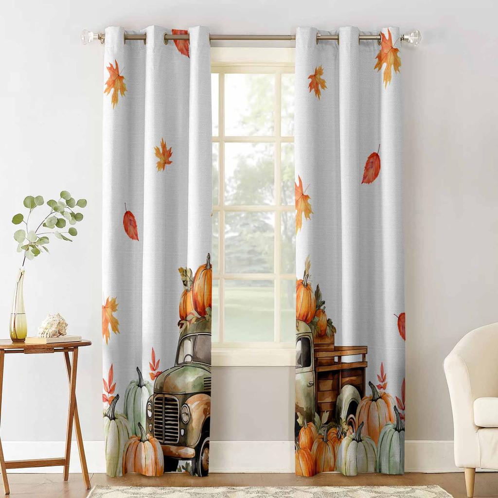 Autumn Plant Truck Pumpkin Maple Leaf Village Blackout Curtains For Living Room Bedroom Window Treatment Blinds Drapes