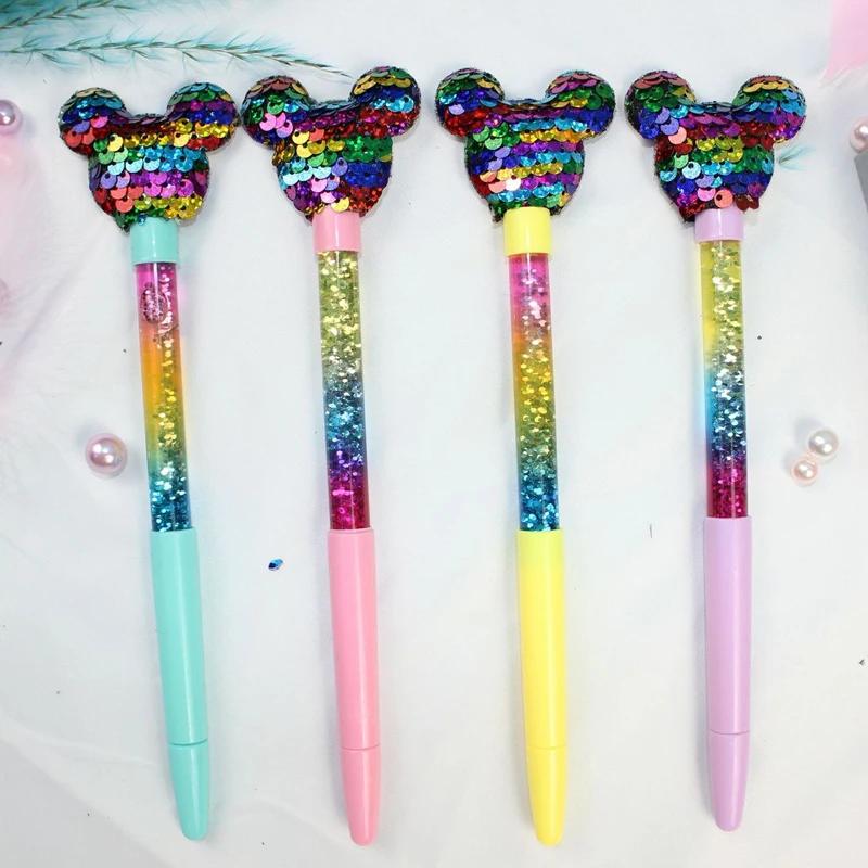 

MINISO 4Pcs Mickey Mouse Quicksand Sequined Gel Pen Cartoon 0.5mm Creative Black Ballpoint for Writing Office School Supplies