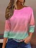 T-shirt da donna stampata in 3D con stampa sfumata, moda, manica lunga, girocollo, top regolari, vacanza, fine settimana, primavera e autunno