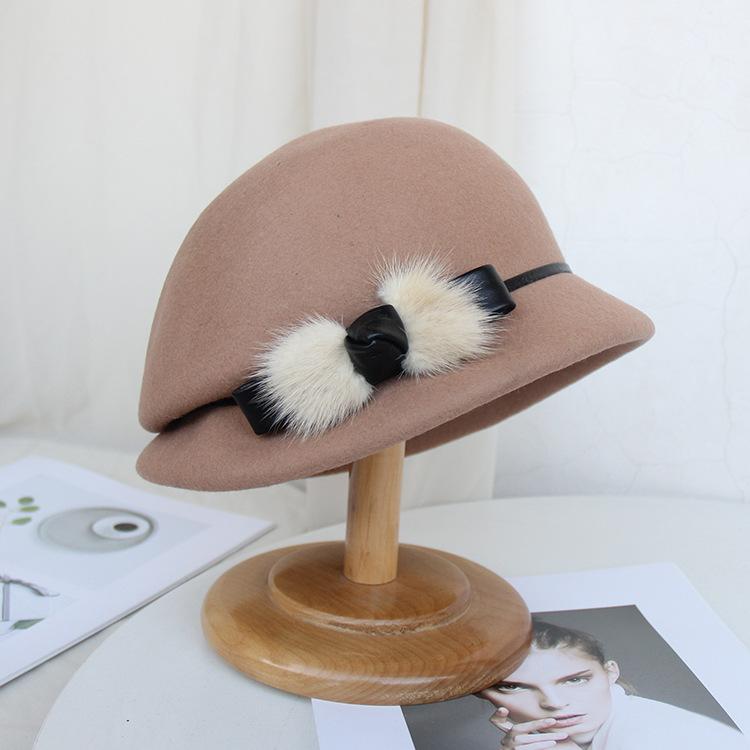 2024 Autumn And Winter New Woolen Basin Hat Versatile Dome Top Hat Women British Belt Felt Hat Bucket Hat