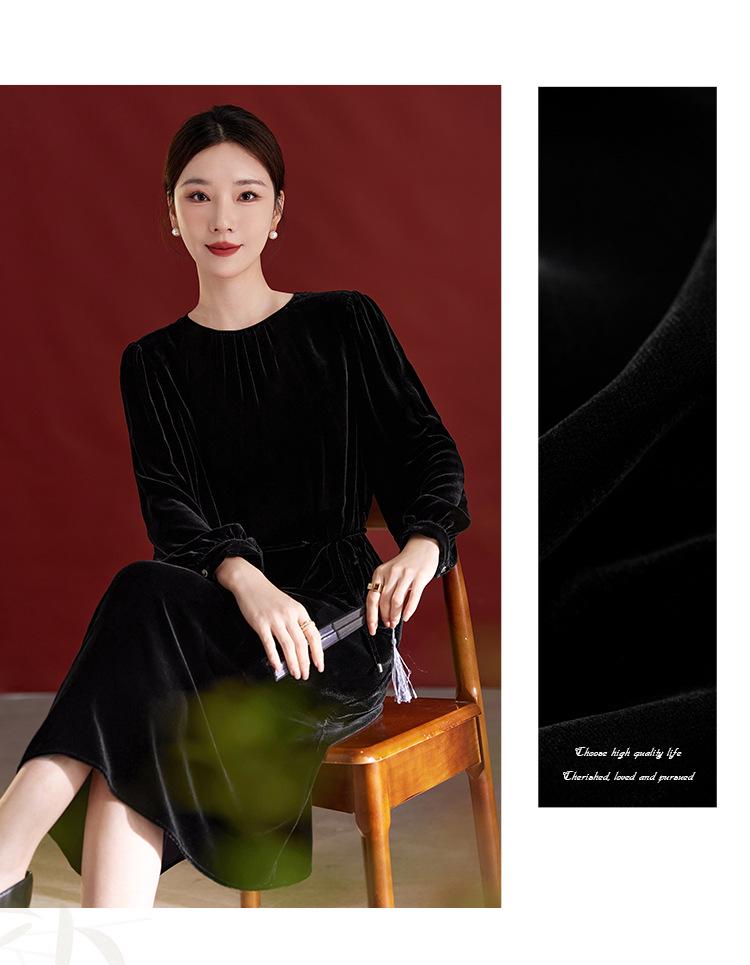 Elegantní retro midi šaty ze sametu - Dámské se zavazováním v pase, dlouhým rukávem, z morušového hedvábí na podzim/zimu