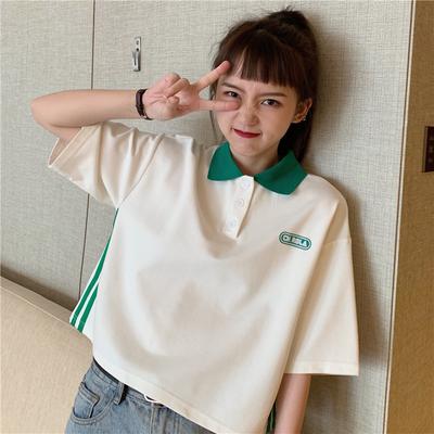 New Summer Korean Short-sleeved T-shirt for Women with Pull Strips and Color POLO Collar Short Personality Top for Women