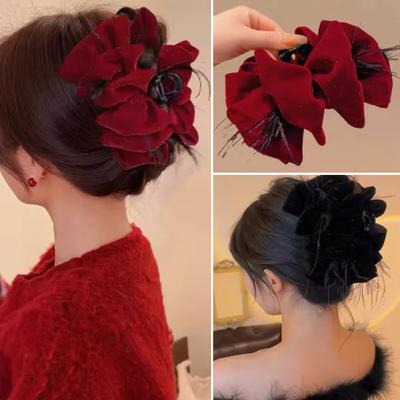 Women Hair Claw Large Pleated Velvet Multi-Layered Bowknot Decor Versatile Hair Clamp Hair Accessories