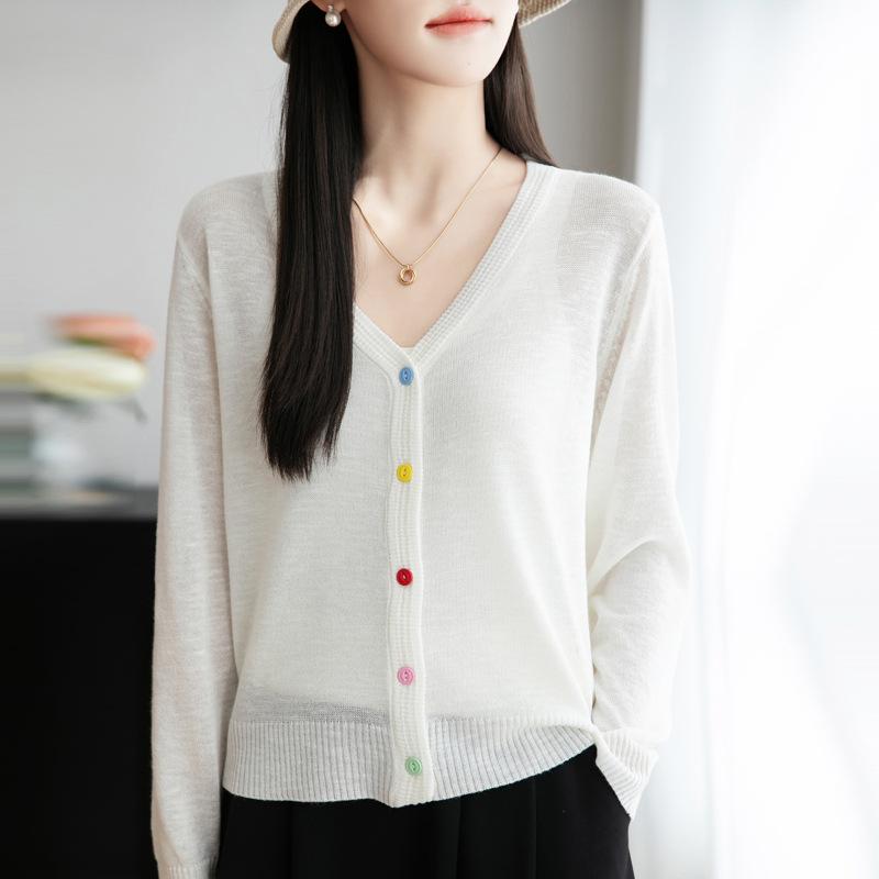 

Summer Thin Bamboo Joint Linen V-neck Cardigan Light Solid Color Sweater Versatile Air Conditioning Shirt Sunscreen Jacket XXL синій