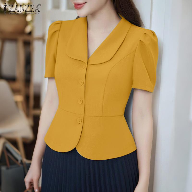 ZANZEA Women Classic Collar Summer Casual Short Sleeve Blouse