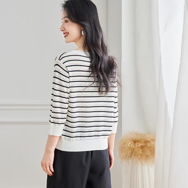 Srcr Women's Retro Striped 3/4 Sleeve Knit Sweater