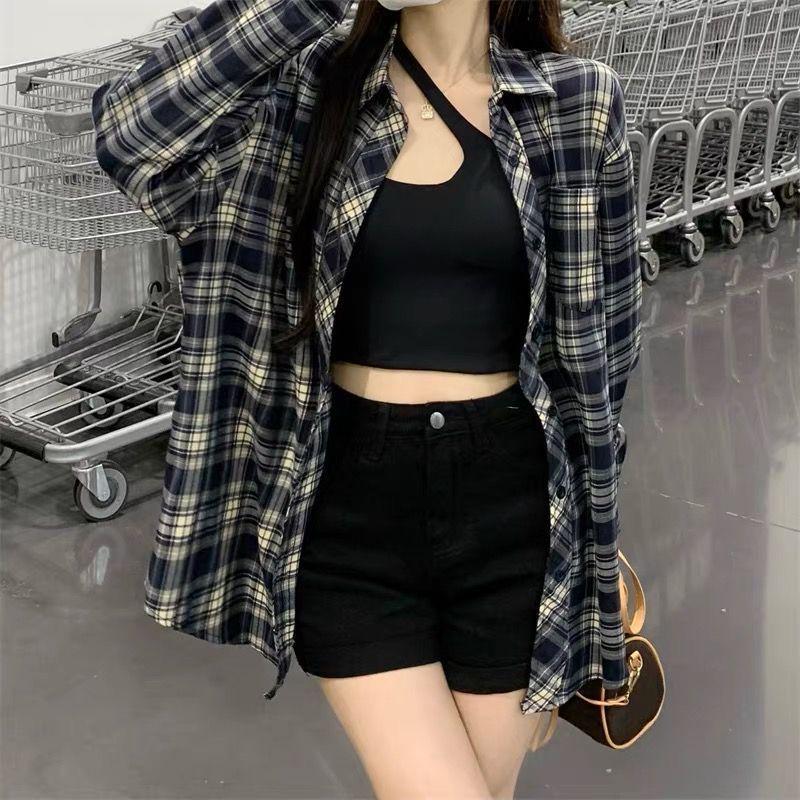 Women's Retro Plaid Shirt Cardigan – Loose Fit, Long Sleeve, All-Season Wear