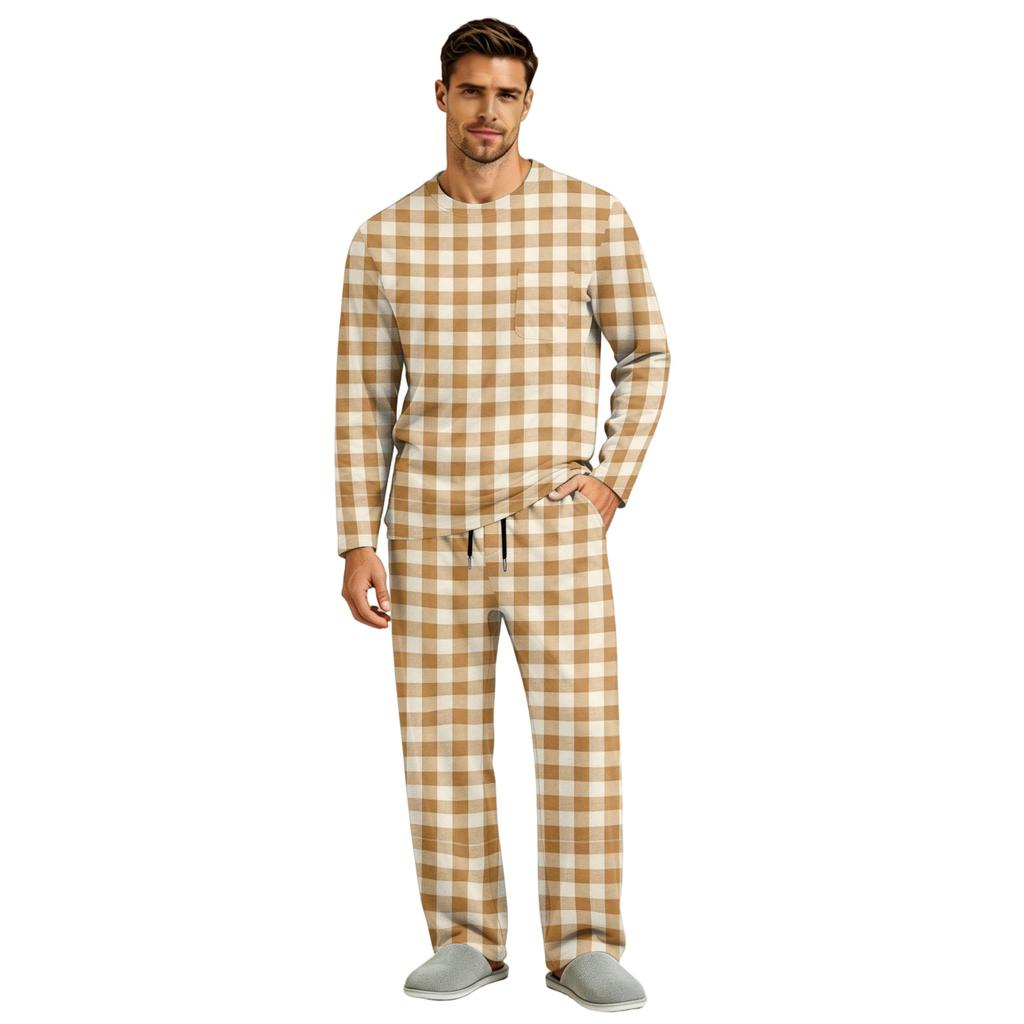 Men's Pajama Set Long Sleeve Top and Long Pants with Button Crotch and Elastic Drawstring Waist for Home Loungewear