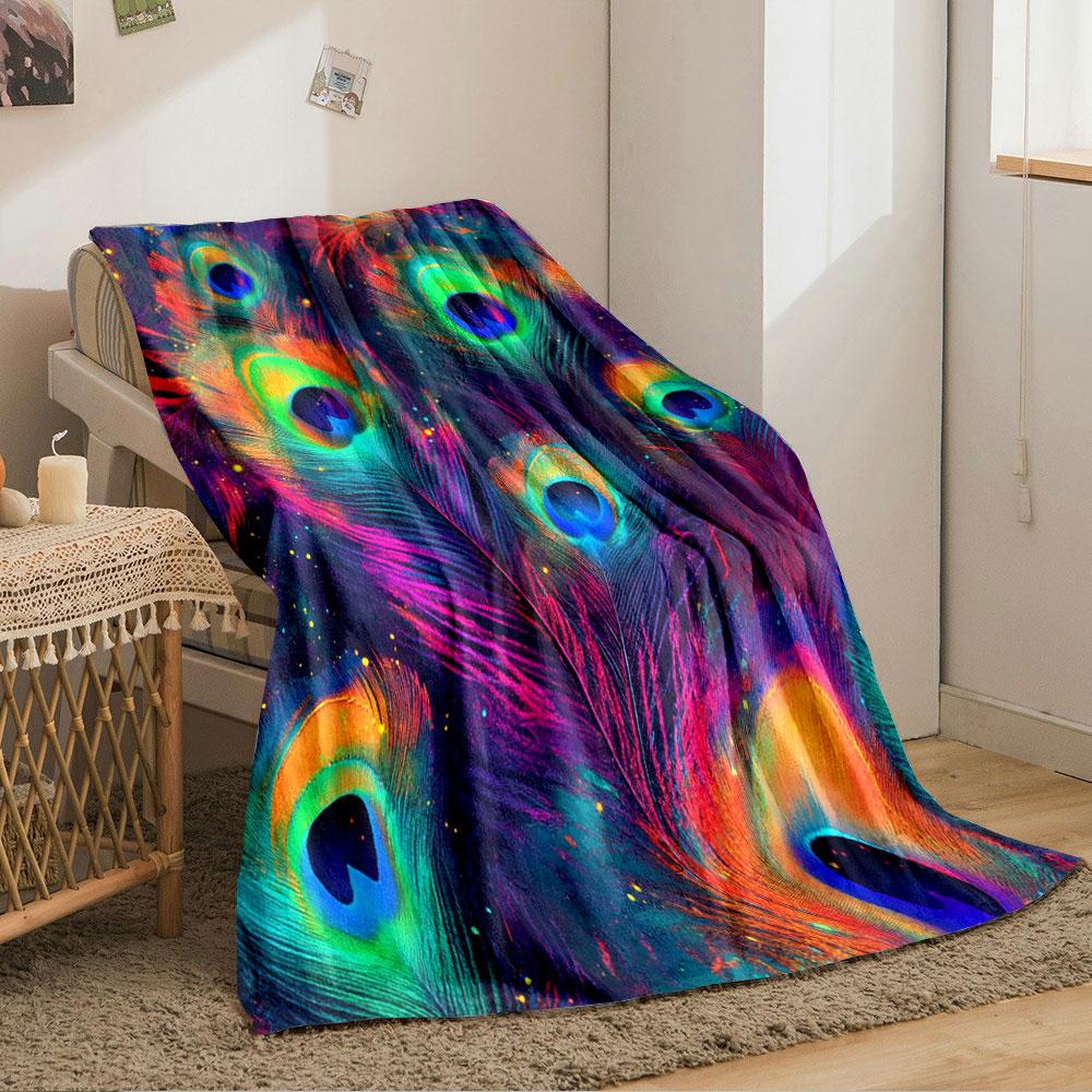Vibrant peacock feathers with a cosmic and multicolor glowing effect. for all seasons blanket lunch break throw gift