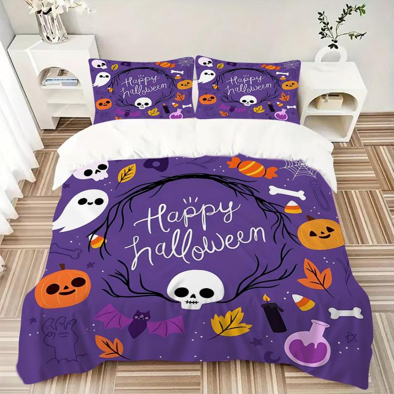 3-teiliges Bettwäsche-Set mit niedlichem Kürbis-, Geister- und Totenkopfmuster für ein fröhliches Halloween (1 Kissenbezug + 2 Kissenbezüge, ohne Füllung), Dieses bedruckte Bettwäsche S