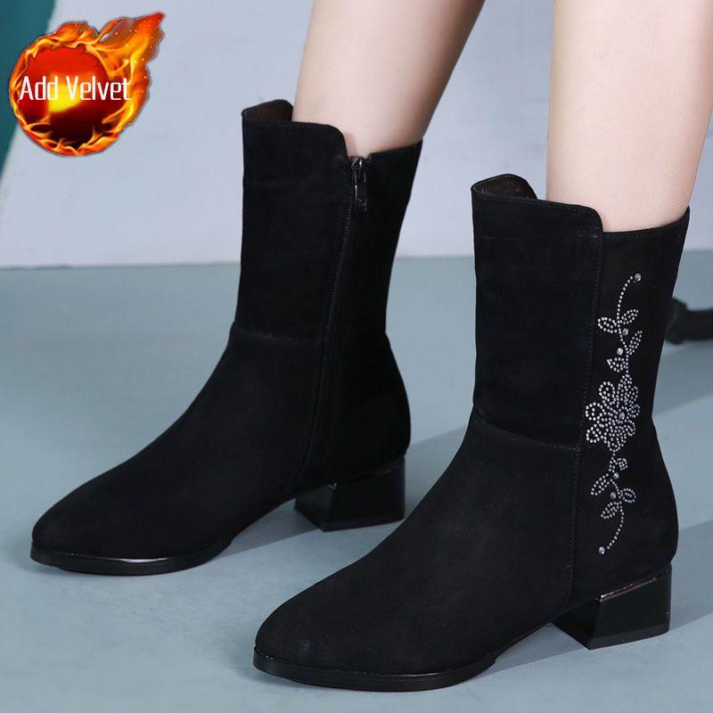 Fashion Middle Heel Fleece-Lined Half High Boots for Women Winter Rhinestone Mid Calf Shoes Woman 2025 Novelty Y2k Cosplay New Rock Boot