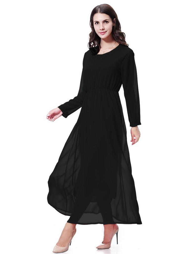 Women's Chiffon Lace Maxi Dress with Round Neck and Long Sleeves, TH923