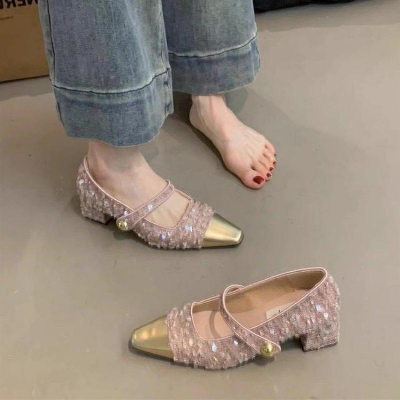 Fashion Fashion Square Toe Sequin Shoes Women 2025 New Summer Shallow Women Sandals Elegance Chunky Heels Banquet Women Shoes Q69