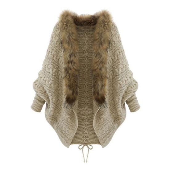 

Женский кардиган с длинным рукавом, свитер, пальто с открытой передней частью, вязаный косами, с воротником из искусственного меха, зимняя теплая верхняя одежда хаки