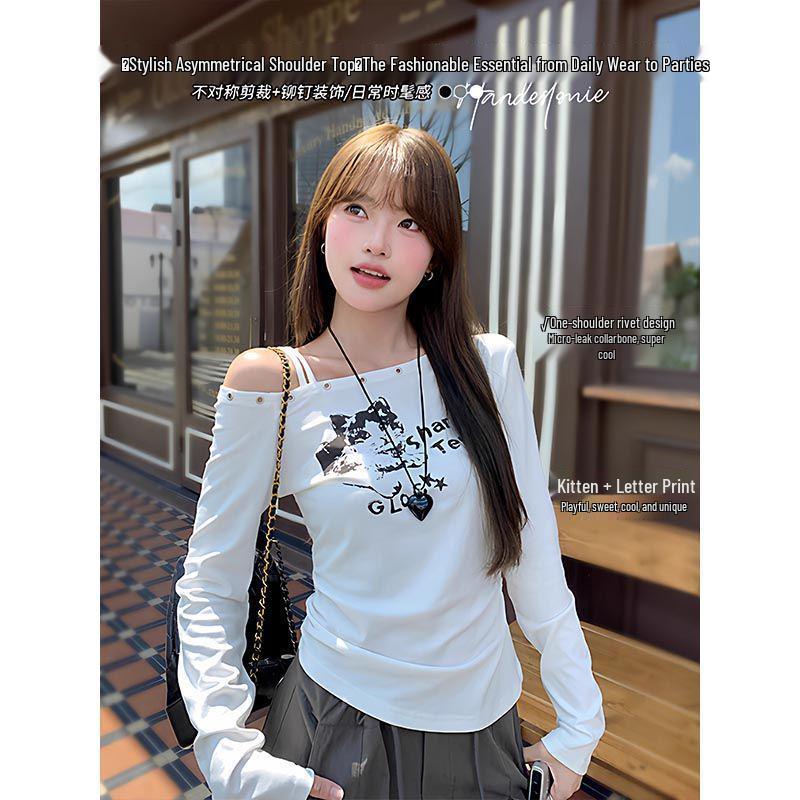 White Asymmetrical One-Shoulder Long-Sleeve Top for Women - 2025 Early Autumn Style
