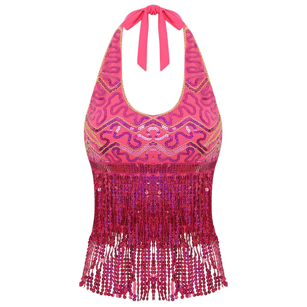 Essential Training Top for Belly Dancers: Supportive Halter Crop Top with Sequins, Lace-up Back & Tassel Details