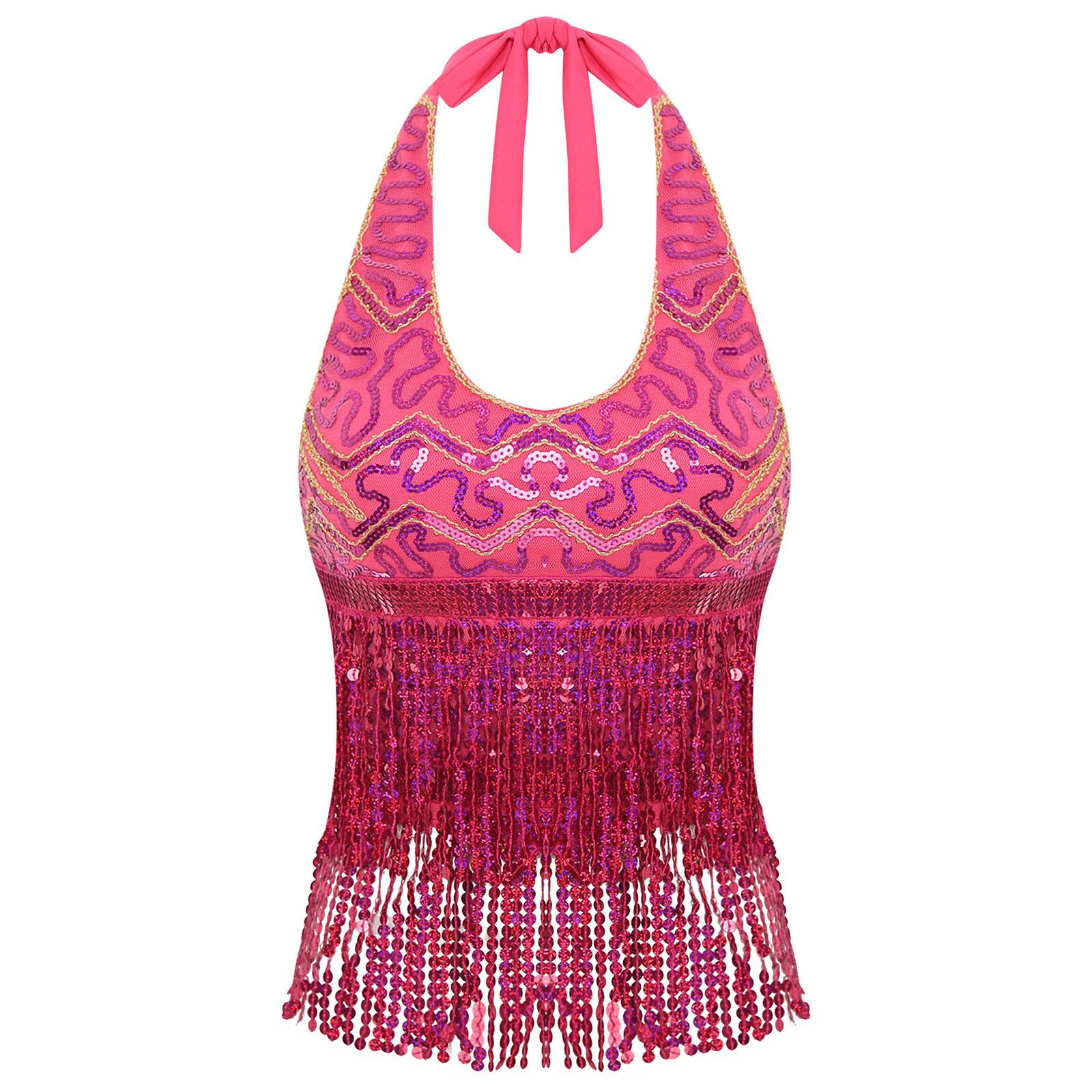 

Жіночий топ для танцю живота, халтер, на шнурівці, з паєтками та китицями, кроп-топ, сценічний костюм, костюм на Хелловін One Size