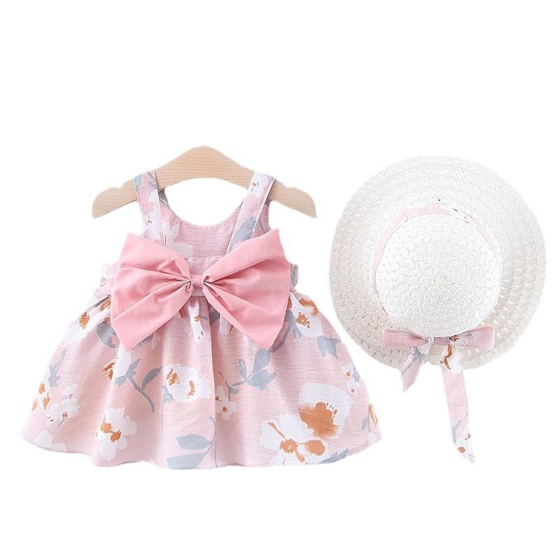 A749 Summer Baby Girl Princess Dress with Big Bow & Flower Skirt, Includes Hat, for Ages 1-4