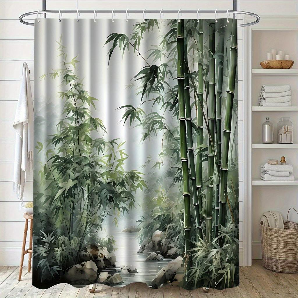 VIKAMA New Chinese Zen Bamboo Grove Landscape Print Shower Curtain Waterproof and Mould-Resistant Bathroom Shower Curtain