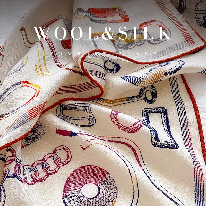 Premium Temperament Silk Wool Silk Scarf Autumn and Winter Elegant Versatile Silk Wool Scarf Warm and Comfortable Silk Wool Square Scarf