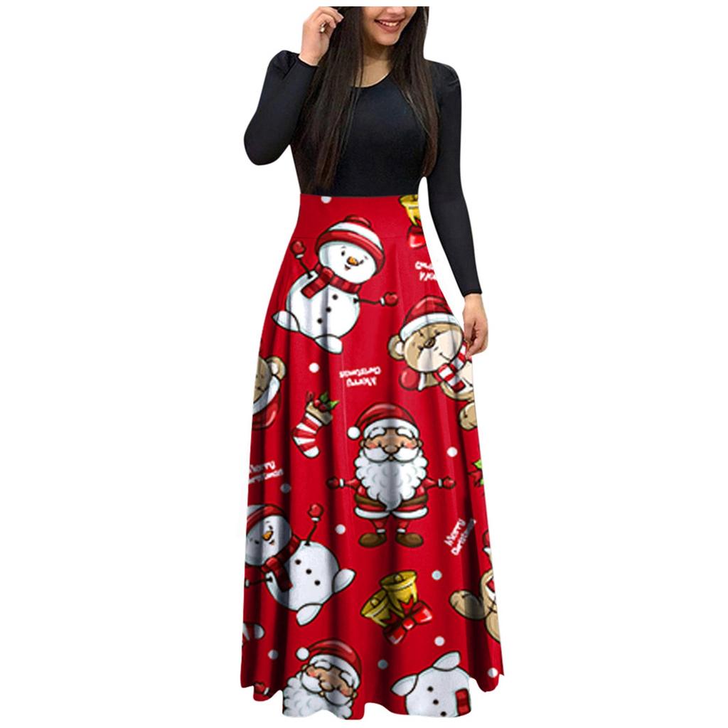 Vestido De Mujer Swing Manga Larga Estampado Navideño Patchw Vestido De Mujer Swing Manga Larga Estampado Navideño Patchw