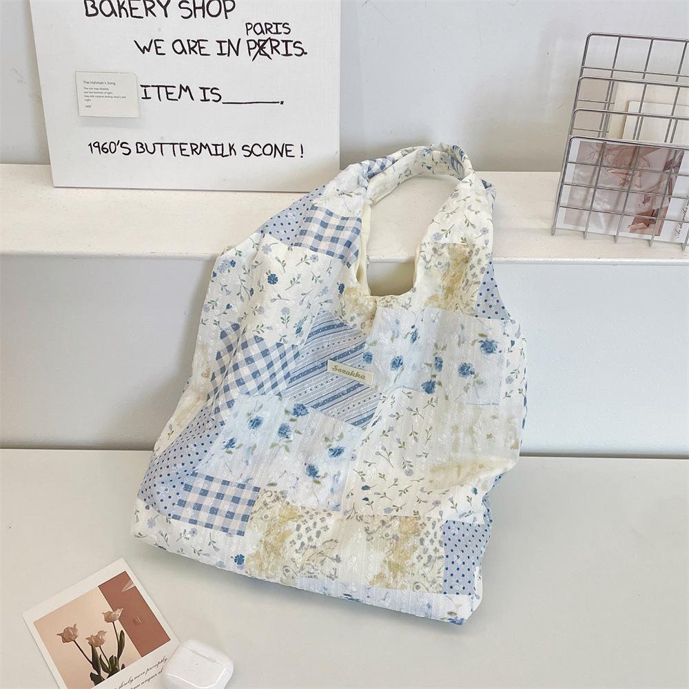 Korean Style Floral Patchwork Tote Bag Women Large Capacity Casual Open Top Shoulder Handbag