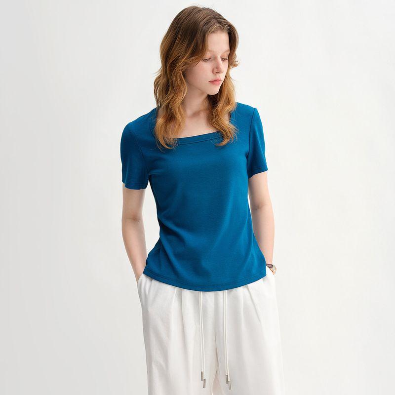 

Single Beam Plus Size Women s Clothing [Thin T] High Elastic Shoulder V Neck U Collar Short Sleeve Tops 2025 Summer New Arrival T-shirt Peacock Blue (U-Neck) 1 piece