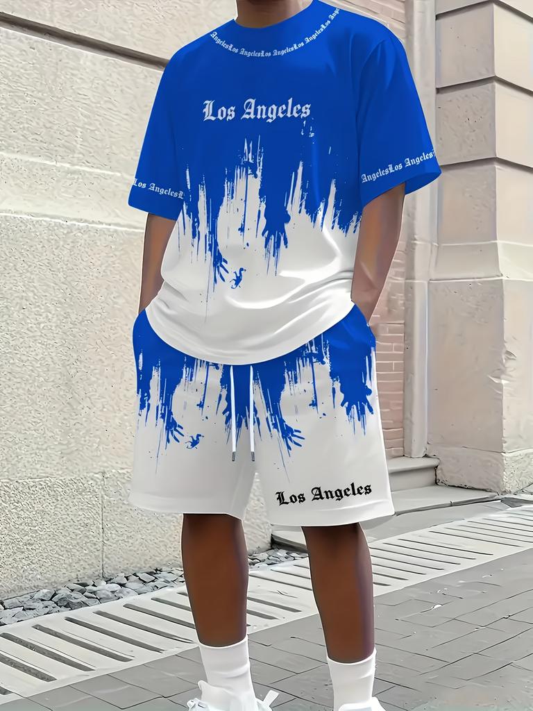 Men 2Pcs Los Angeles Letter Print T-shirt Shorts Set Summer Casual Outfit