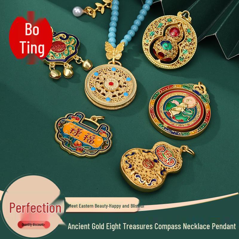 Ancient Gold Eight Treasures Compass Pendant Necklace - Five Blessings, DIY Beaded Style Accessory