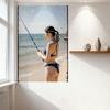 Sexy Woman In Blue Bikini On Sandy Beach Metal Tin Sign, Fishing Rod & Calm Ocean Scene, Vintage Home Bar Wall Decor Art Poster