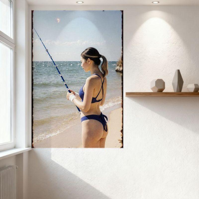 Sexy Woman In Blue Bikini On Sandy Beach Metal Tin Sign, Fishing Rod & Calm Ocean Scene, Vintage Home Bar Wall Decor Art Poster
