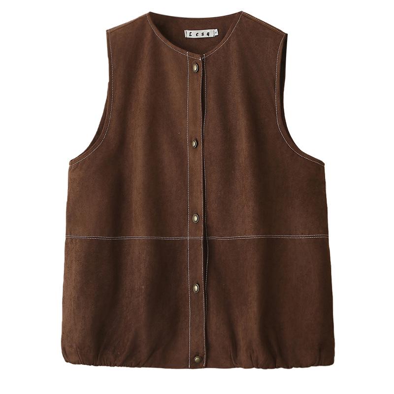 Plus Size Women's Suede Velvet Round Neck Cardigan Vest - Slimming, Versatile Spring Top
