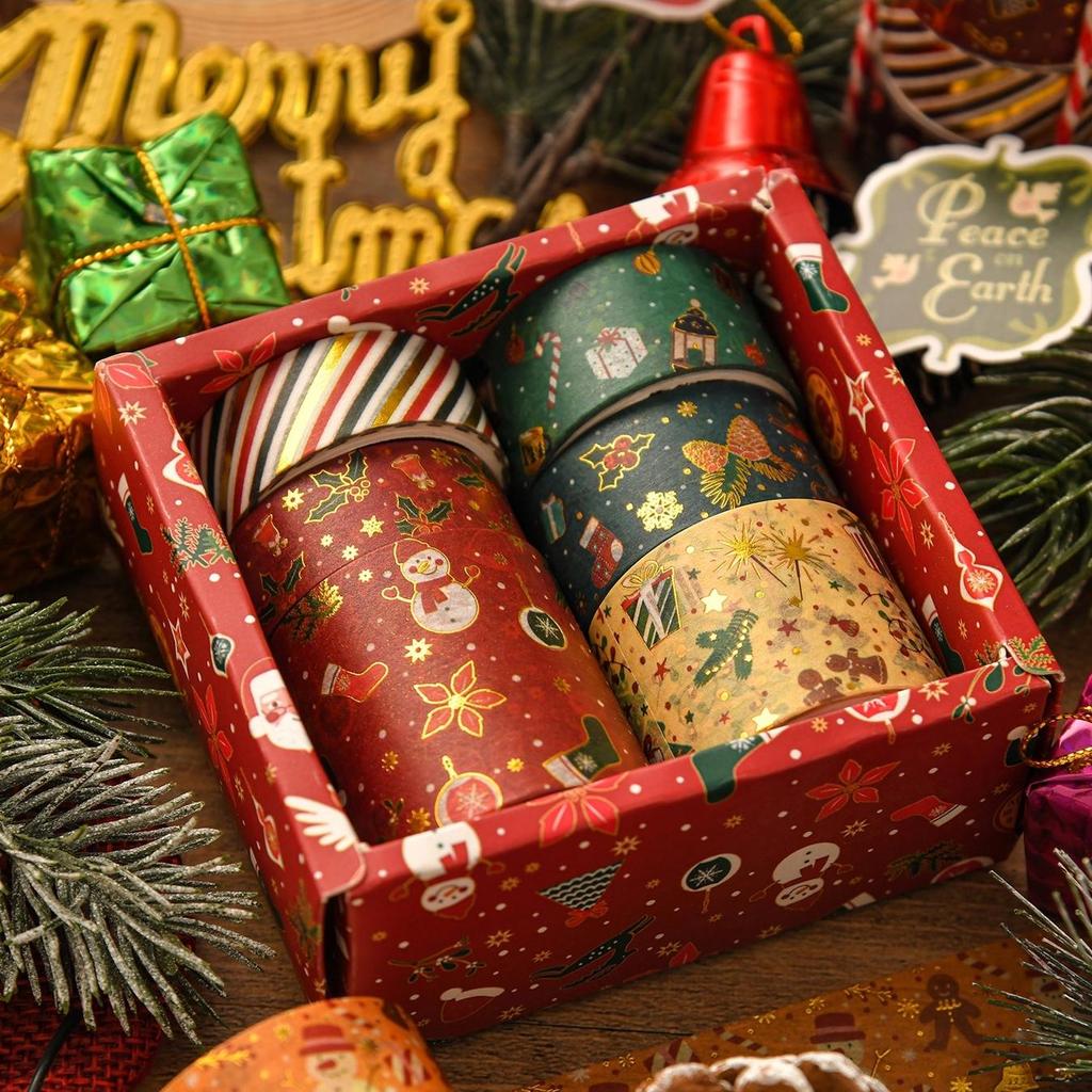 6 ruller Merry Xmas Washi Tapes Sett Gullfolie Selvklebende Maskeringstape Juledekorasjonsklistremerker for Album Gaveinnpakning