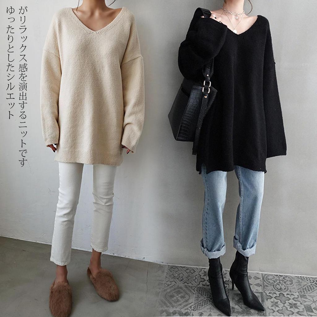 Knit Long Solid Loose [POGCZMKK] Women's Sweater, V-Neck, Sleeve, Pullover, Elegant, Thick, Warm, Color, Fit, Figure-Flattering, Cute, Commuting,