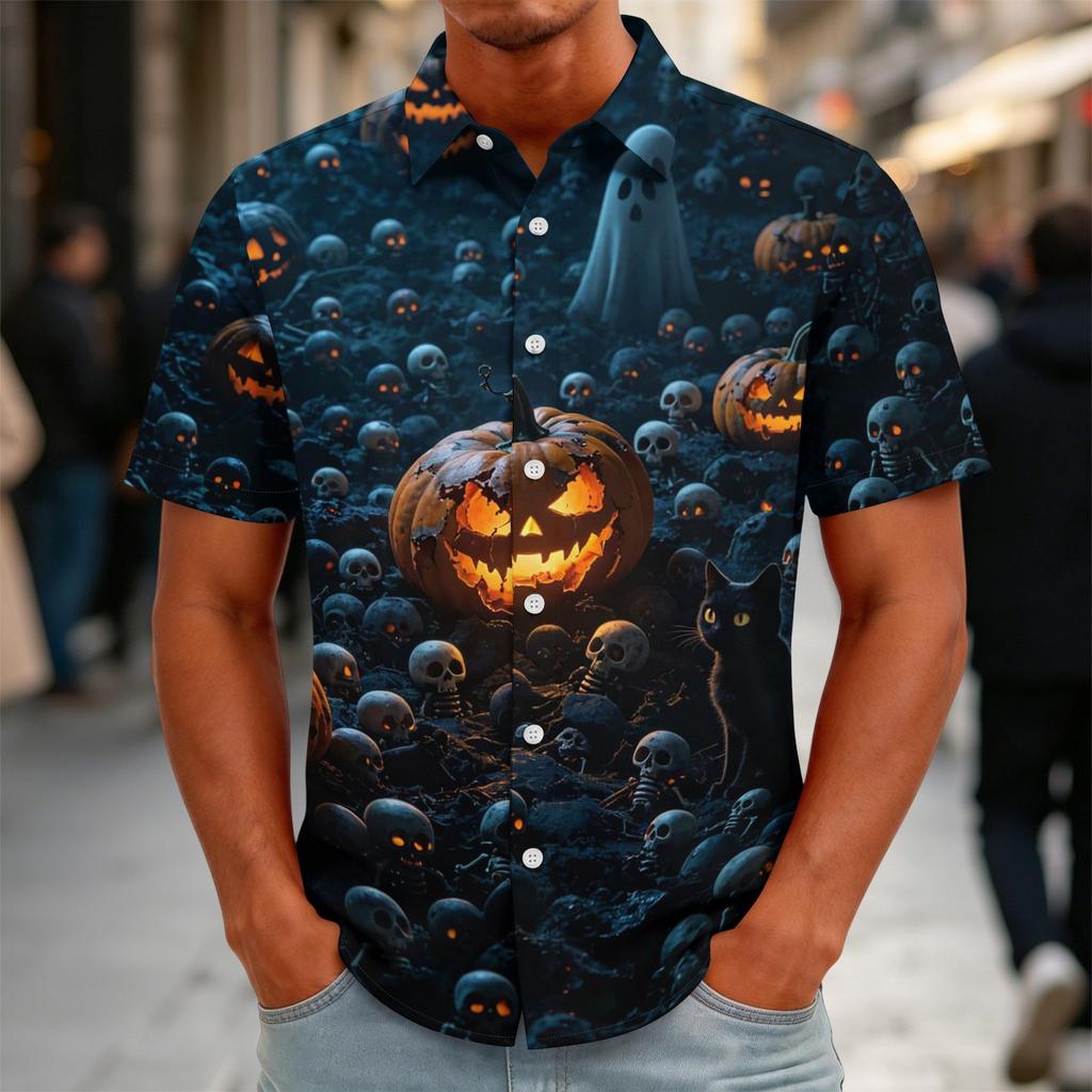 Men's Halloween Print Vintage Button Down Cardigan Shirt - Loose Fit Breathable Summer Casual Streetwear Top