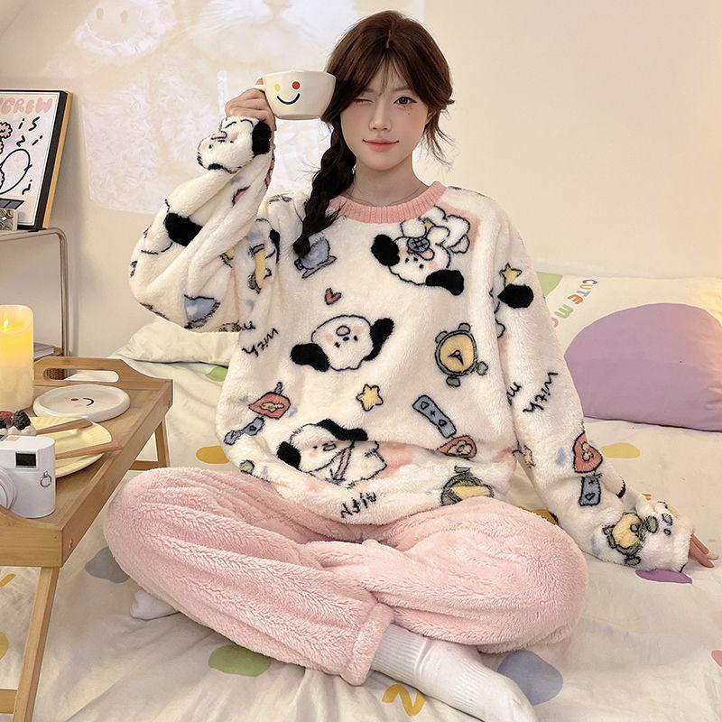 Damski Słodki Kreskówkowy Flanelowy Zestaw Piżamowy - Gruby, Podszyty Polarem i Przytulny na Jesień i Zimę