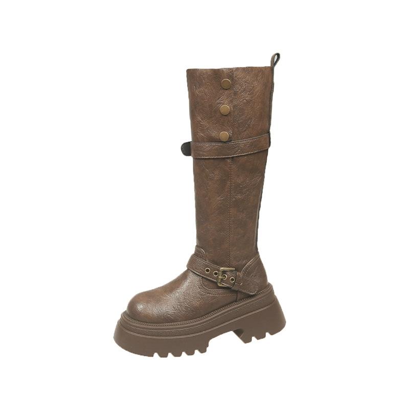 

Boots Women s new autumn thick soles increase height but knee boots Retro knight boots Skinny western boots 35 коричневый
