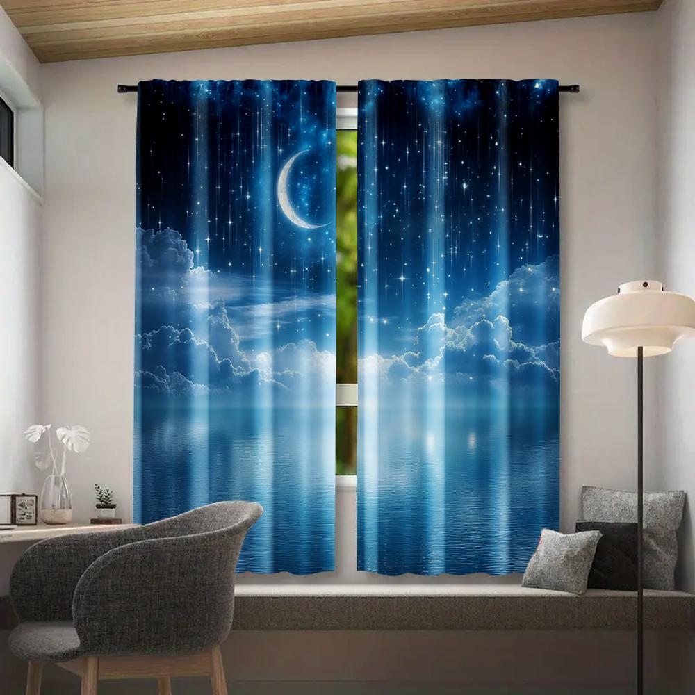 2pcs, Window Curtains Starry Night Sky Moon and Foggy Clouds Landscape Protecting Privacy Family Party Decoration Use for