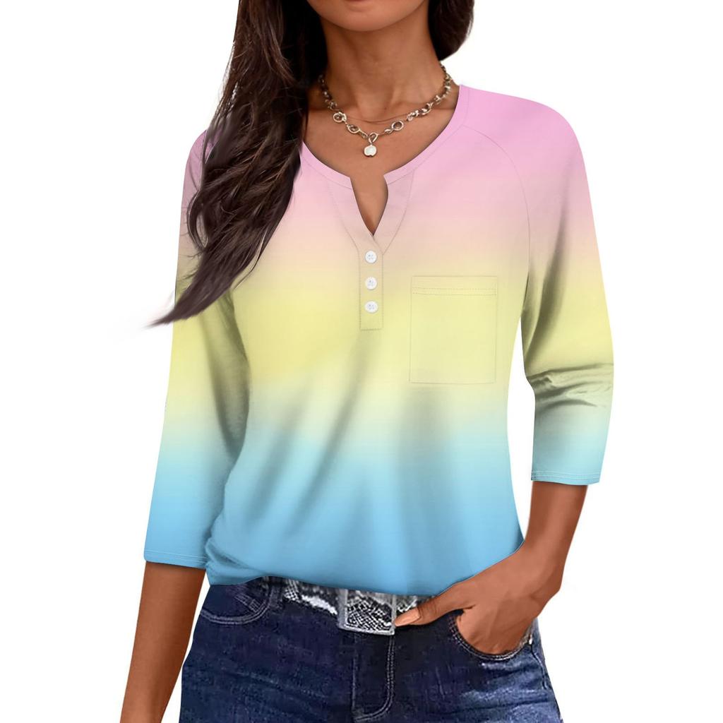 Ladies Casual Fashion V-neck Loose Versatile Gradient Print Three-quarter Sleeves