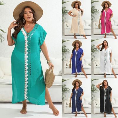 Holiday Beach Cover Up Plus Size Women's Clothing Contrasting Color Splicing Deep V Split Casual Dresses