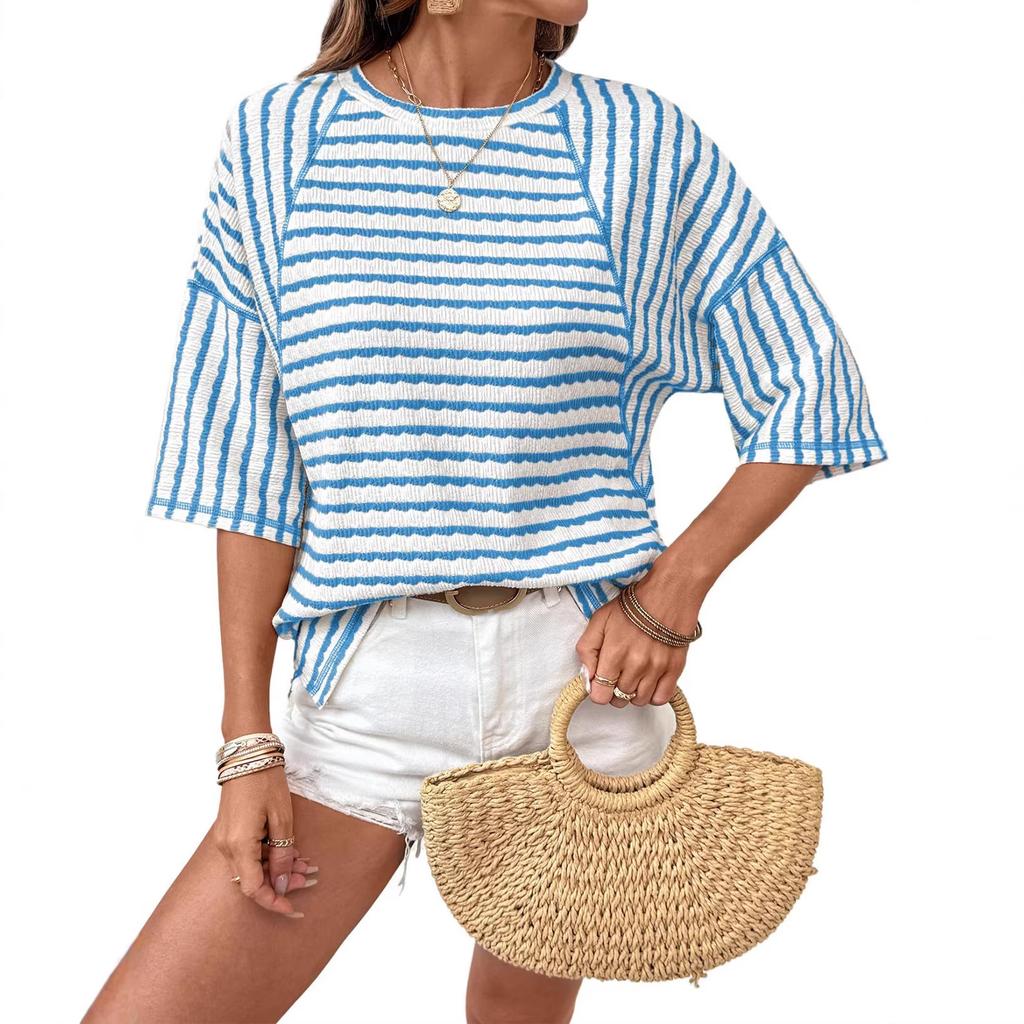 Women's Fashionable, Casual And Versatile Striped Mid-sleeve T-shirt Top