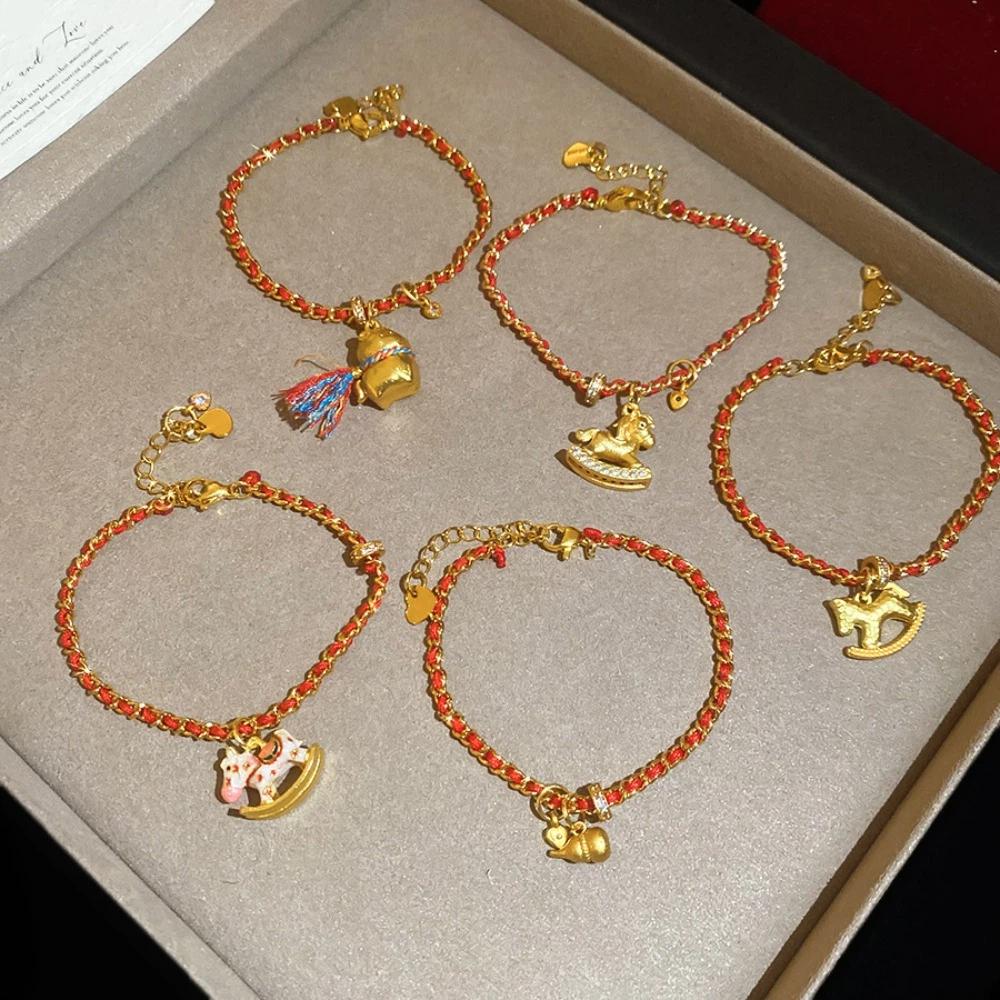 Chinese Horse Year Zodiac Horse Beads Bracelets Calabash Hand Jewelry Golden Pony Bracelet DIY Charm Adjustable